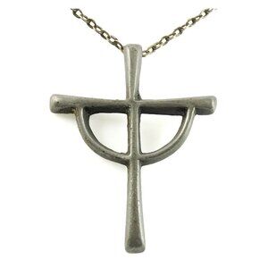 Big Stylized Cross Thick Pewter Vintage Pendant on Long 26" Chain Necklace